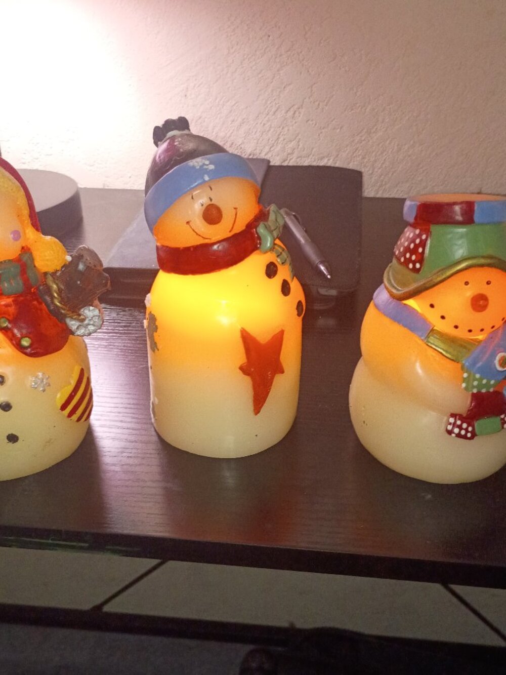 of 3~ Lighted Wax Design Snowmen 6.5" Figurines -Amazing Very Good Condition